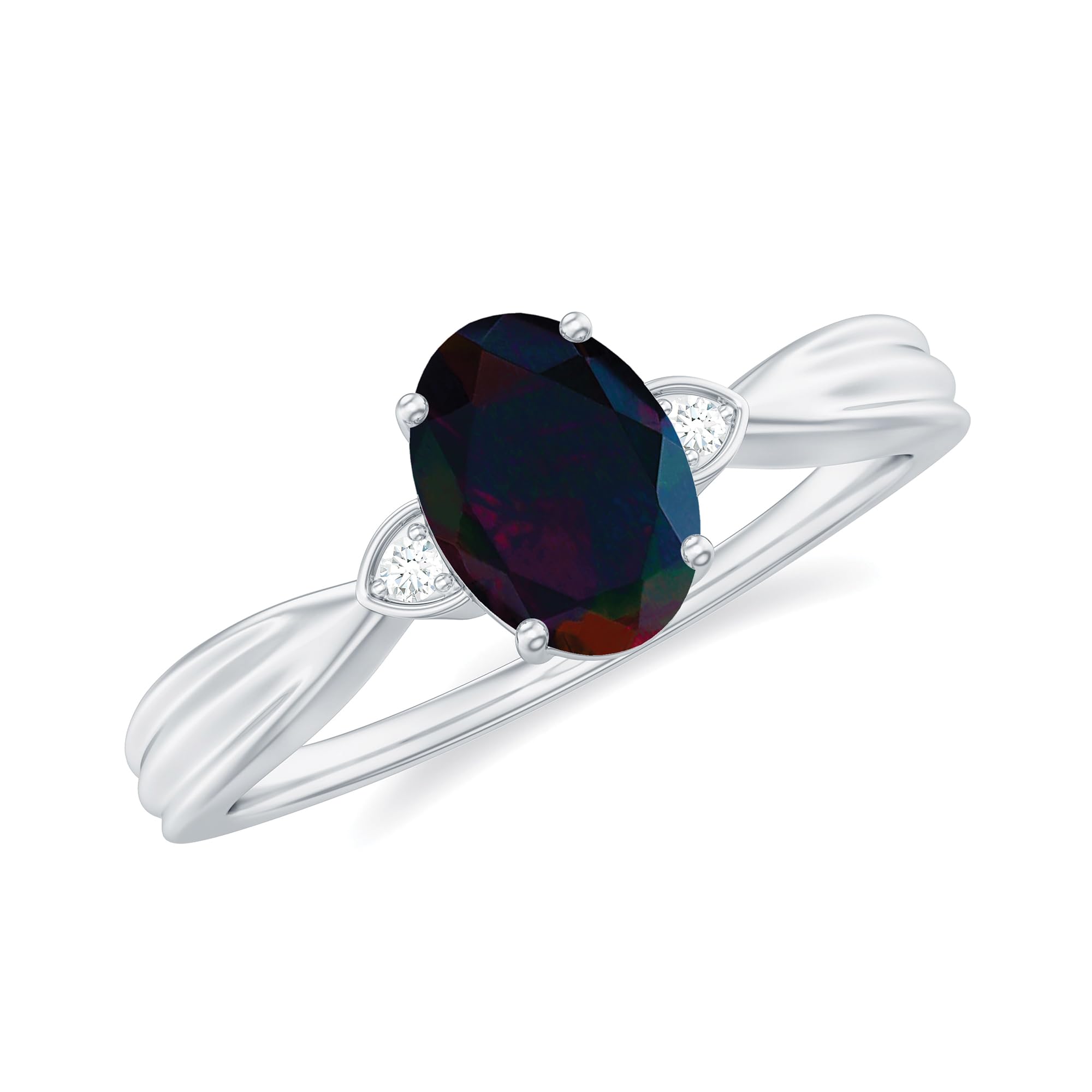 Rosec JewelsCertified Black Opal Solitaire Ring with HI-SI Diamond| 1 Cttw | 5X7 MM | October Birthstone