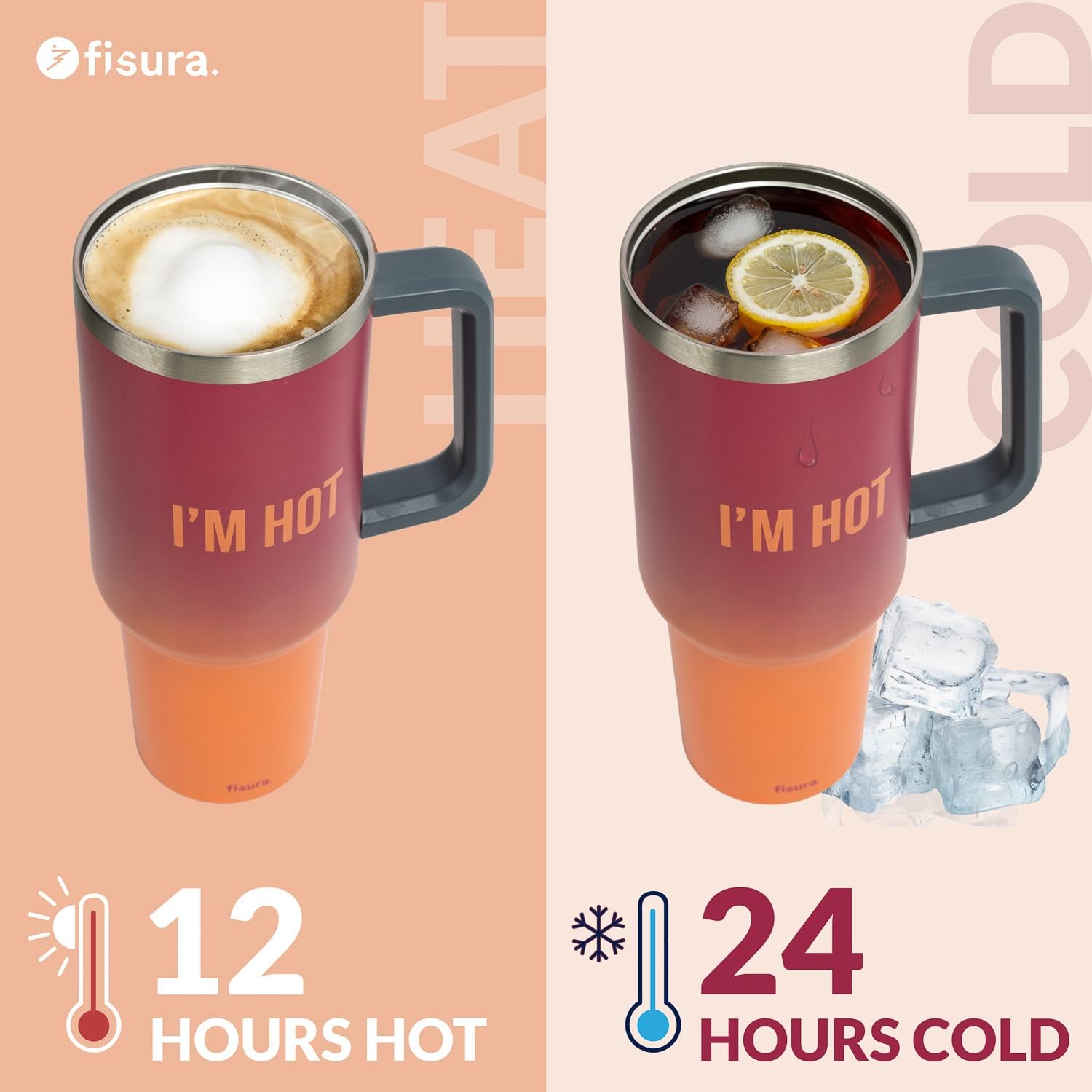 Fisura Insulated Water Bottle 1.2 Litre Large Insulated Bottle Stainless Steel Bottle BPA Free 24 Hours Cold / 12 Hours Hot with Straw Included 10 cm x 27.7 cm (Hot - Image 3