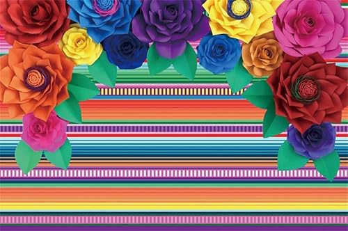 Miniatura 4 de DASHAN Telón de fondo de fiesta mexicana de poliéster de 12 x 8 pies, fotografía de flores coloridas a rayas, fondo de fiesta de cinco de mayo para