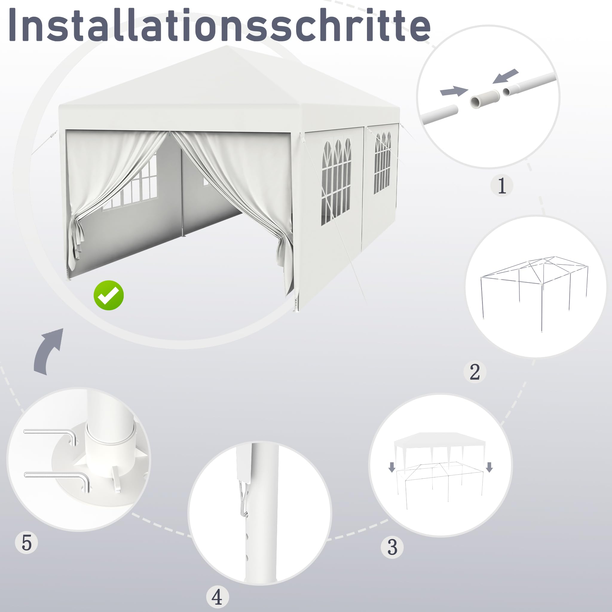 FIVMEN Gazebo Esterno Resistente da Giardino 3 x 6 m con Pannelli Laterali e Finestre in Poliestere Gazebi Tendone per Feste Protezione UV Impermeabile Tenda per Esterni, Bianco