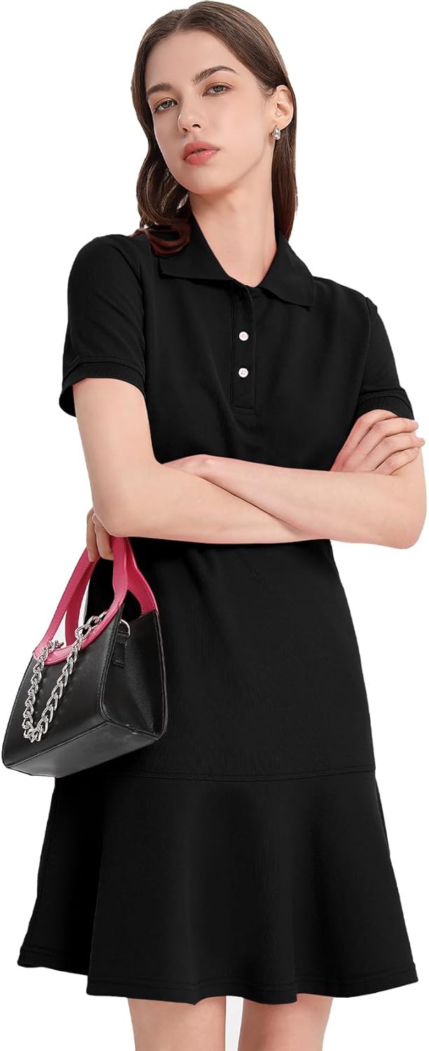 Flygo Womens Polo Dress Collared Short Sleeve Ruffle Golf Tennis T Shirt Sports Workout Mini Summer Dresses Tunic Pique(Black-XS), X-Small