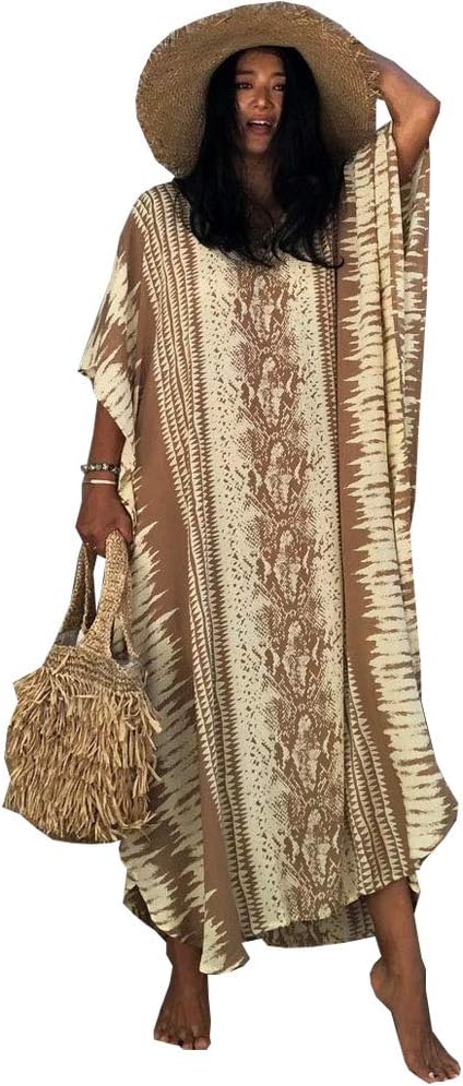 Women Long Tunic Dress Kaftan Maxi Dress Batwing 3/4 Sleeve Plus Size Summer Dress