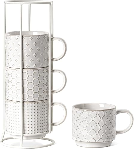 LE TAUCI Juego de tazas de café apilables con soporte, tazas de café de cerámica para Au Lait, capuchino, café con leche, café, moca, té, adecuado