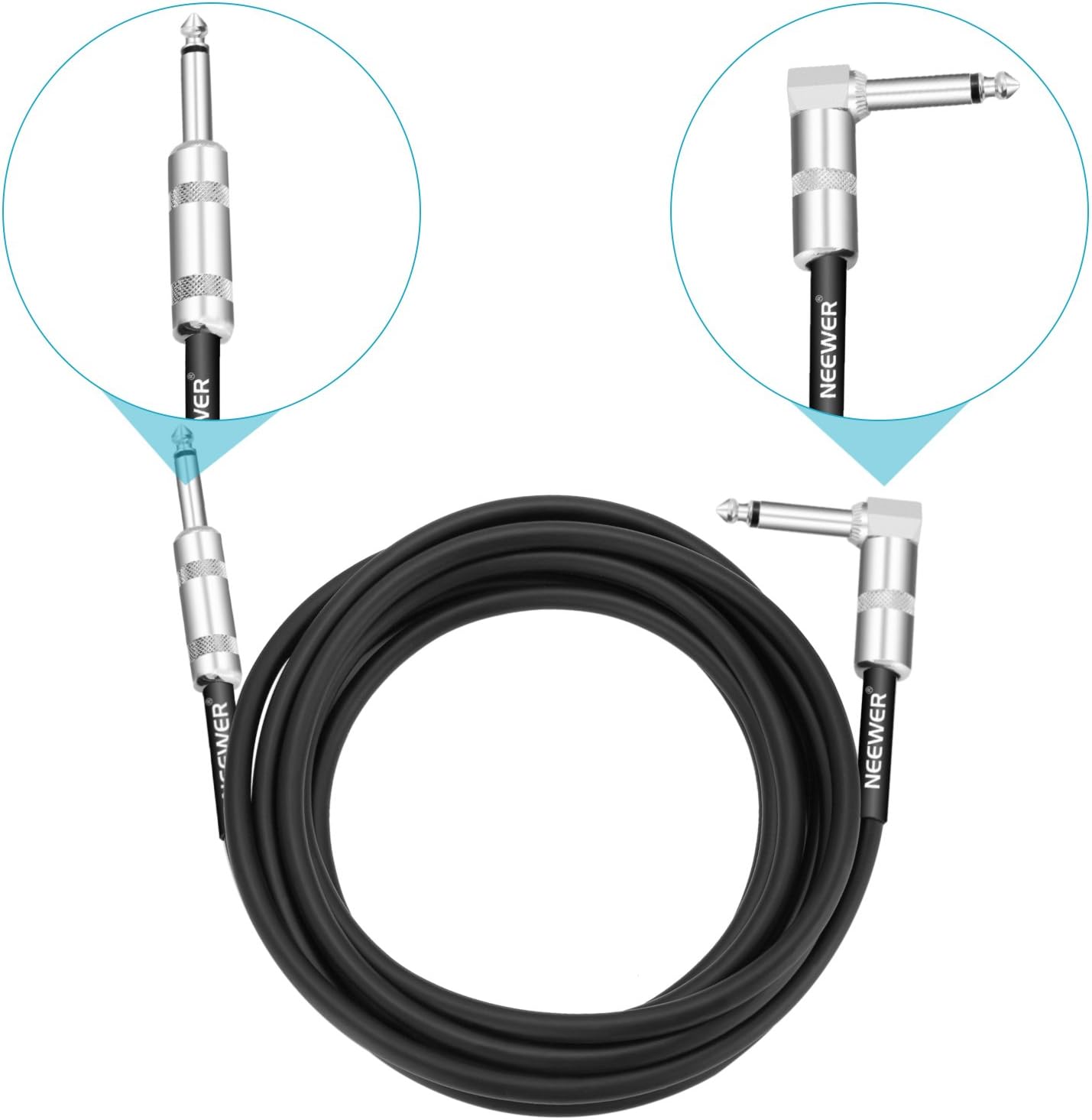 Neewer Durable Guitar Cable with Standard 1/4 Inch Straight to Right Angle Plug, Extra Flexible Rubber Shielding and Solid Metal Connectors (2M)