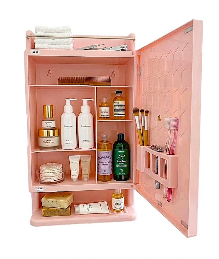 Epraiser Sleek Design Spacious Bathroom Mirror Cabinet Organiser, PP Material, with Multi-Shelf Storage and Door Brush Holder (Rosy Pink)-image-2