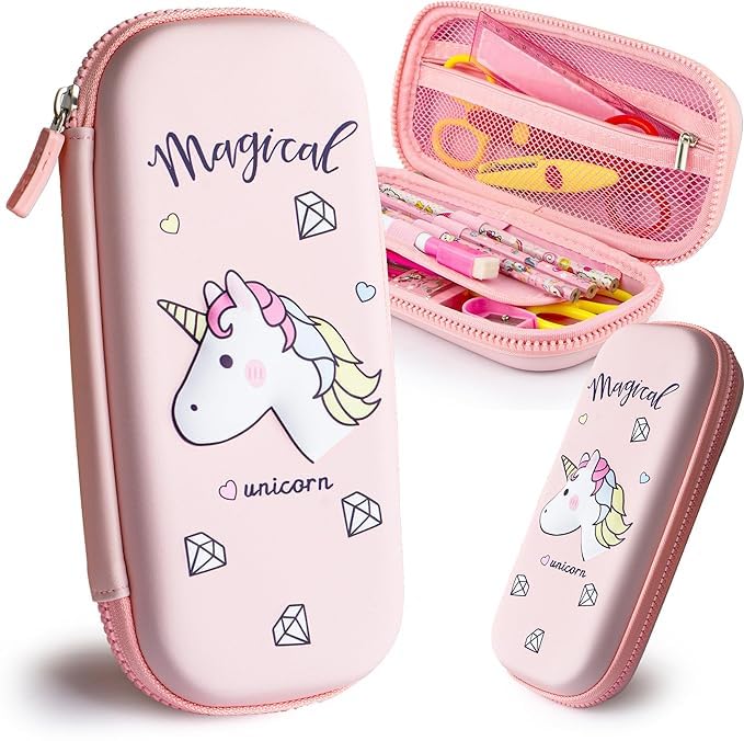 Image of 3D EVA EVA Design Embossed Hardtop Cover Pencil Case with Compartments, Pencil Pouch for Kids, School Supply Organizer, Geometry Stationery Box, Cosmetic Zip Pouch Bag (Small Unicorn Pouch)