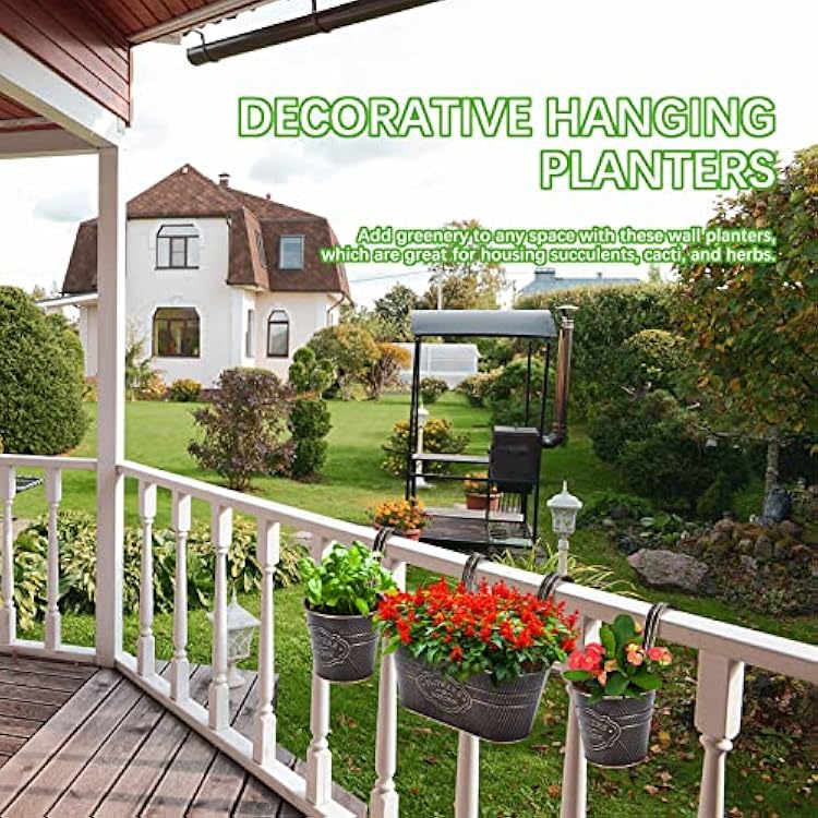 PerGar 3 Pack Metal Railing Planter Box Outdoor, 10.6 Hanging Flower Pots with Detachable Hooks & Drainage Holes, Rail Planter Boxes for Balcony Deck Porch Fence Garden Home Decoration, Black