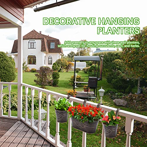 Image of PerGar 3 Pack Metal Railing Planter Box Outdoor, 10.6 inch Hanging Flower Pots with Detachable Hooks & Drainage Holes, Rail Planter Boxes for Balcony Deck Porch Fence Garden Home Decoration, Black