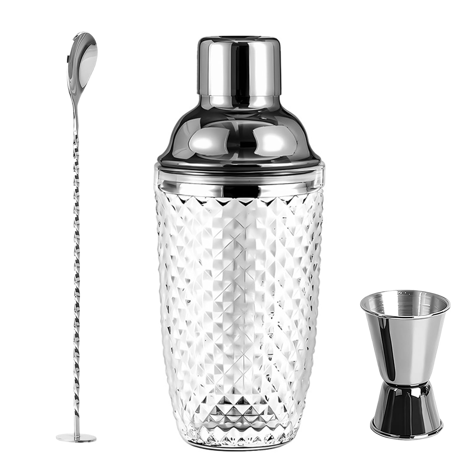 Shaker da Cocktail 400 ml, Set di shaker per cocktail in Acciaio inox e Vetro, Shaker con colino misurino e cucchiaio per casa, bar, vino, succhi di frutta misti, bevande (Argento-1)