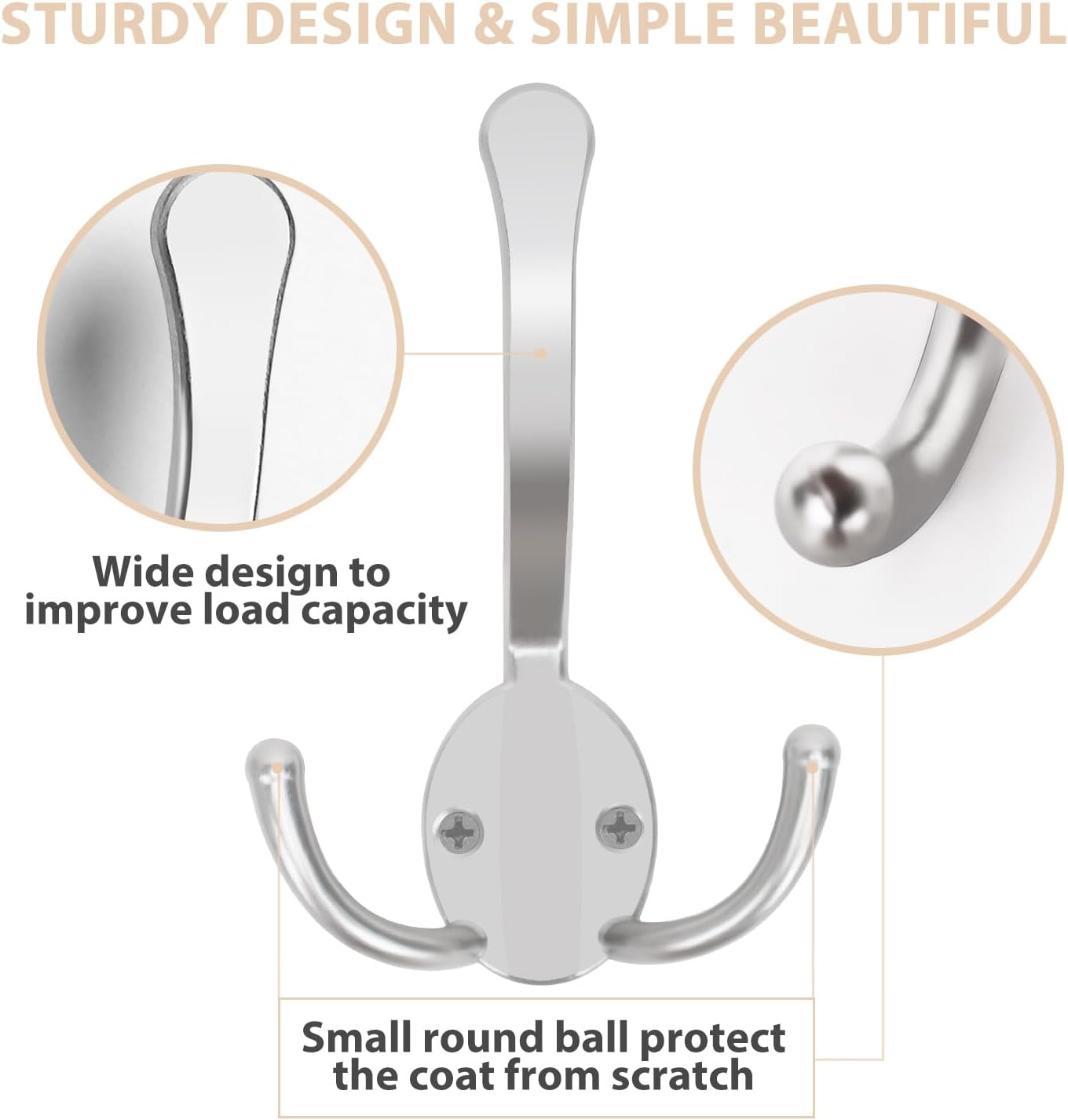 Homanu 8 Pack Coat Hooks Heavy Duty, Metal Three Prongs Large Coat Hooks Wall Mounted with 16 Screws, No Rust Silver Rustic Wall Hooks for Hanging Towel, Coat, Scarf, Bag, Hat, Cup, Key