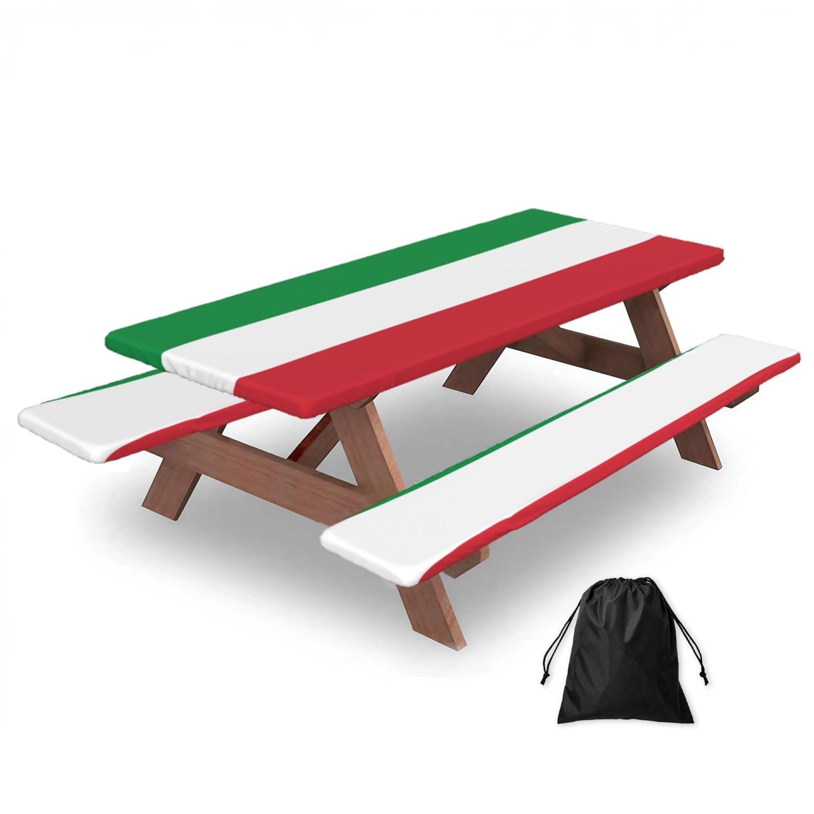 Hhbiuuo Black 72In Camping Table Cover & Bench Covers 3-Pack Set, Italian Flag Print Tablecloths, For Rectangle Tables Picnic