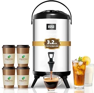 Finopro Insulated Beverage Dispenser-Thermal Hot and Cold Beverage Dispenser Tea Dispenser Stainless Steel 12L/3.2Gal Hot Drink Dispenser with Spigot for Hot Tea&Coffee,Cold Milk,Water,Juice (Silvery)