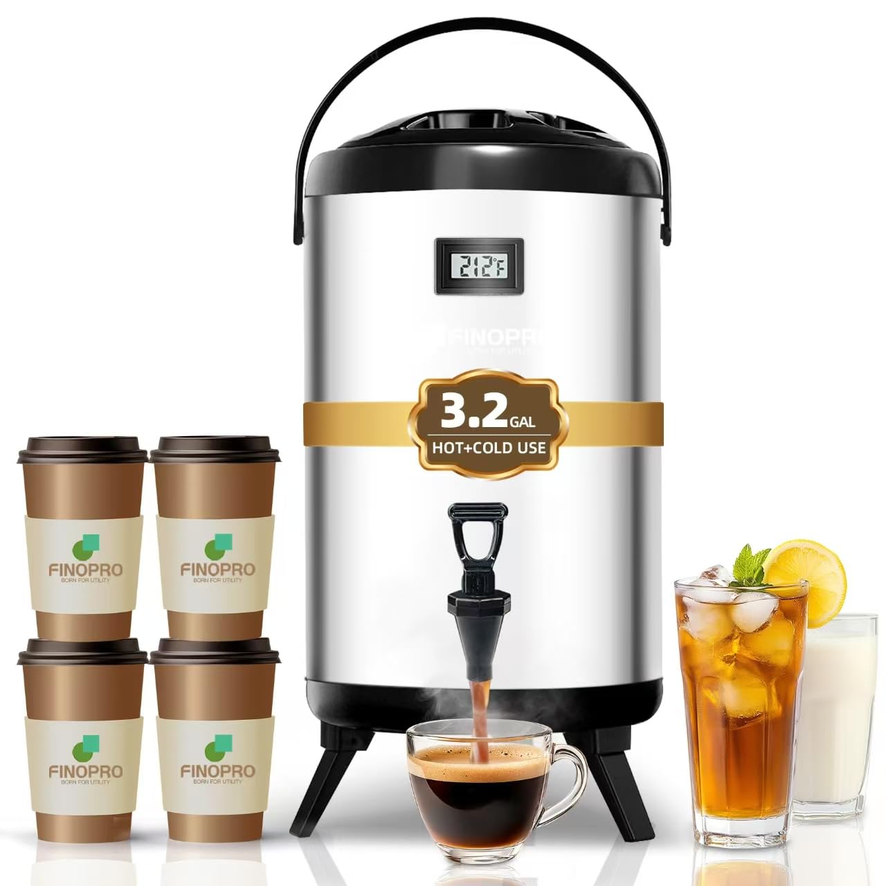 Finopro Insulated Beverage Dispenser-Thermal Hot and Cold Beverage Dispenser Tea Dispenser Stainless Steel 12L/3.2Gal Hot Drink Dispenser with Spigot for Hot Tea&Coffee,Cold Milk,Water,Juice (Silvery)