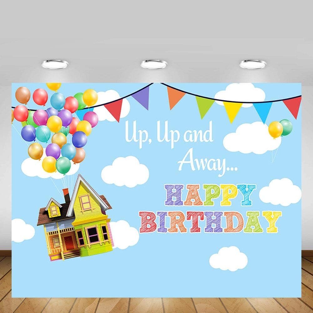 MEHOFOTO UP Birthday Party Photo Studio Backdrop Props Boy Adventure Happy Birthday Up Up and Away Balloons Party Decorations Blue Sky and White Clouds Photography Background Banner 7x5ft