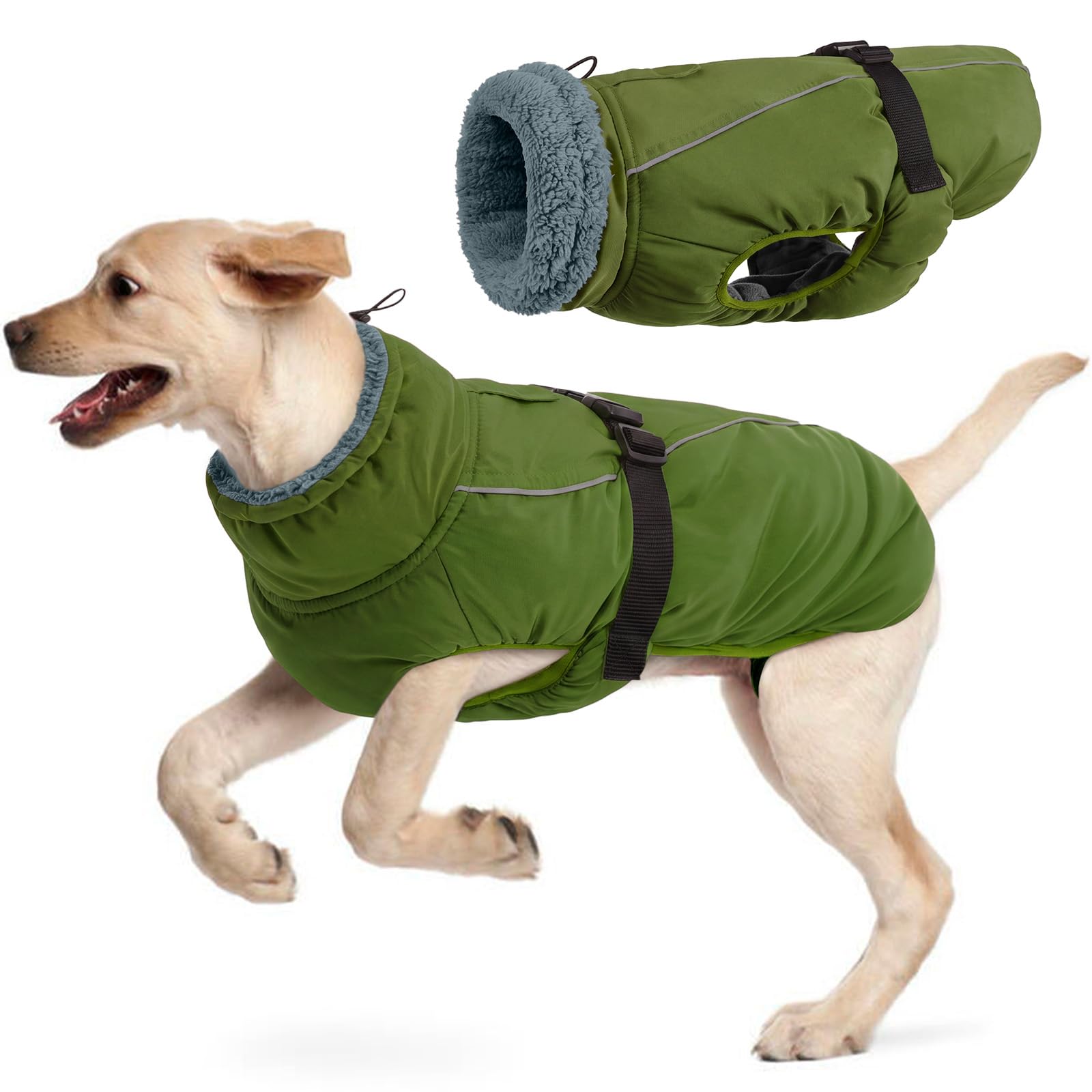 Dog Winter Coat, Soft Polar Fleece Lined Warm Dog Jacket, Waterproof Windproof Dog Vest for Cold Weather, Reflective Adjustable Turtleneck Cozy Dog Coat with Harness Hole for Small Medium Large Dogs