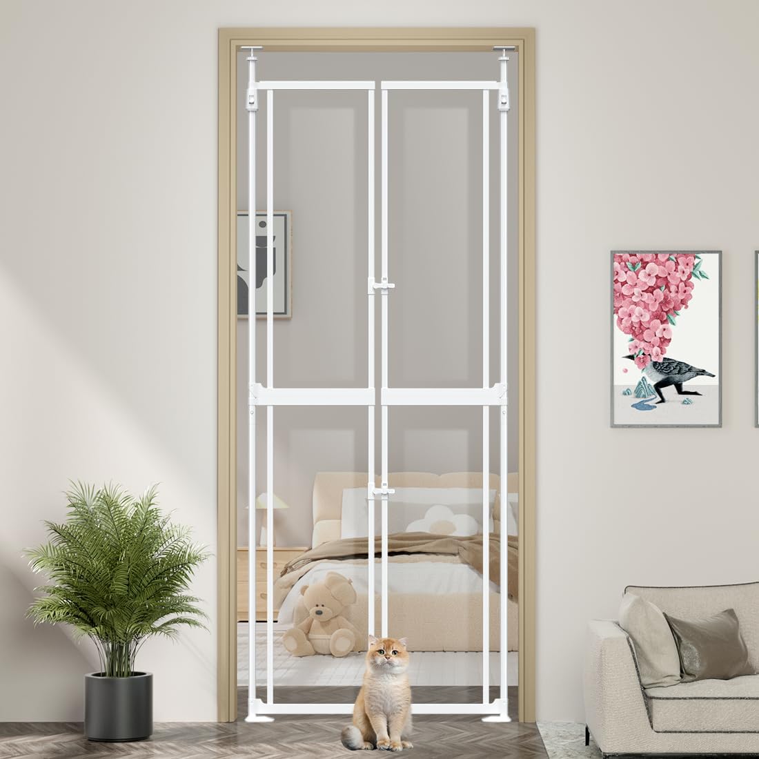 71-98" Clear Tall Cat Pet Gate, 33.8-37.4 in Wide Extra High Dog Gates for Doorways Acrylic Kitten Proof Full Door Barrier, Auto Close Walk Thru Puppy Pressure Mounted, Indoor White - Image 1 of 9