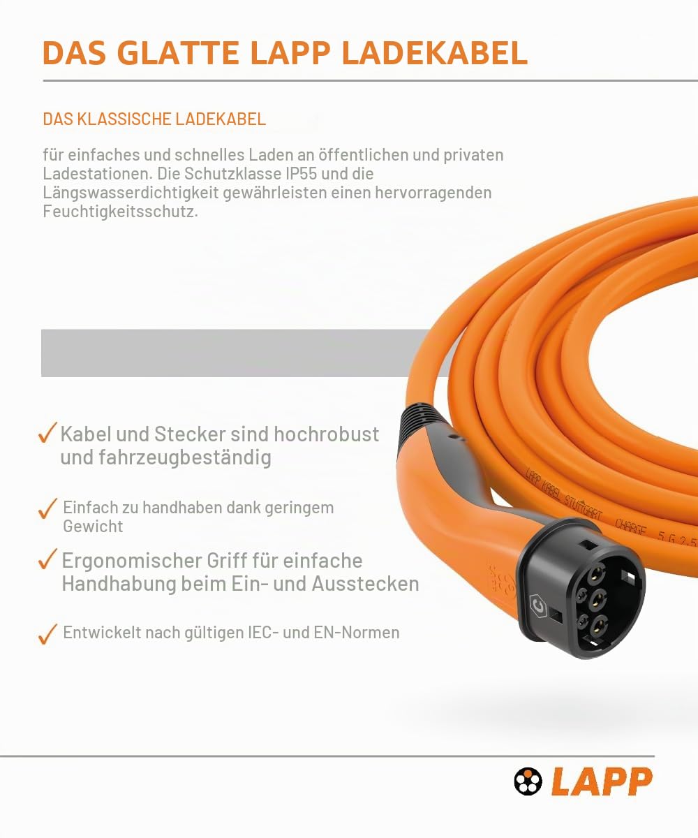 Lapp Mobility Typ 2 Ladekabel 7,4 KW 5m - 32a Ladekabel E Auto 1-Phasig - IP55 geschütztes Ladekabel Mode 3 - Ladekabel Typ 2 mit korrosionsresistenten Steckkontakten - geeignet für PHEV, BEV & EV