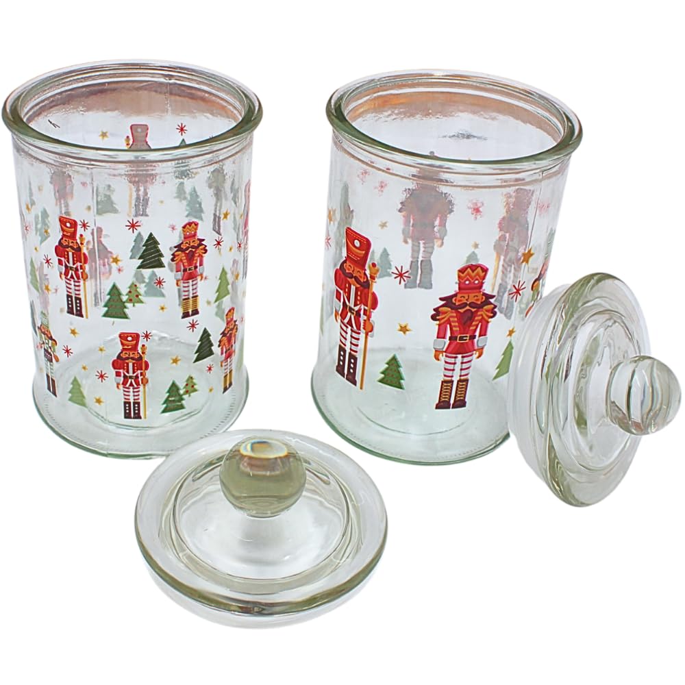 Dekohelden24 Boîte aromatique, boîte de conservation, récipient en verre avec motif de Noël, boîte à biscuits avec motif casse-noisette, H x Ø : 19 x 10 cm, capacité 600 ml par verre, contenu de la