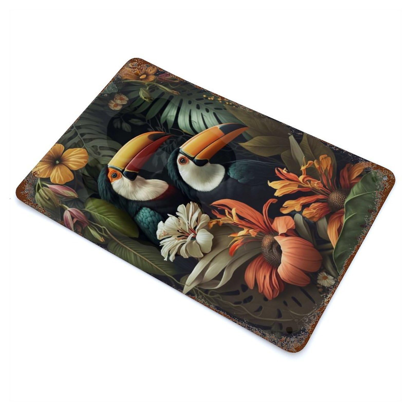 Toucan in Jungle Style Weathered Tin Sign 11.8"x7.9", Ideal for Basement, Hobby Room And Garage Decor
