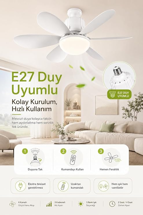 Ceiling Fan Led Light 3 Colors Light Temperature Adjustable 3 Tiers Speed Mode Silent 52 Cm Diameter 6 Wings Remote Control Fan (White) [Energy Class A]