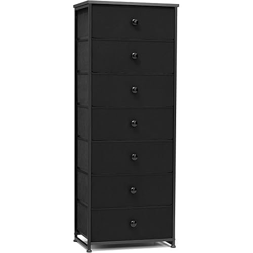 Crestlive Products Tall Dresser, 7-Drawer Fabric Storage Tower, Chests of Drawers - Vertical Organizer Unit for Bedroom, Hallway, Entryway, Nursery, Closets - Steel Frame, Wood Top & Handles (Black)