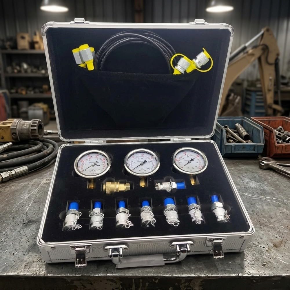 Kit de prueba de presión hidráulica para excavadora, 3 manómetros, 3 mangueras, 9 puertos