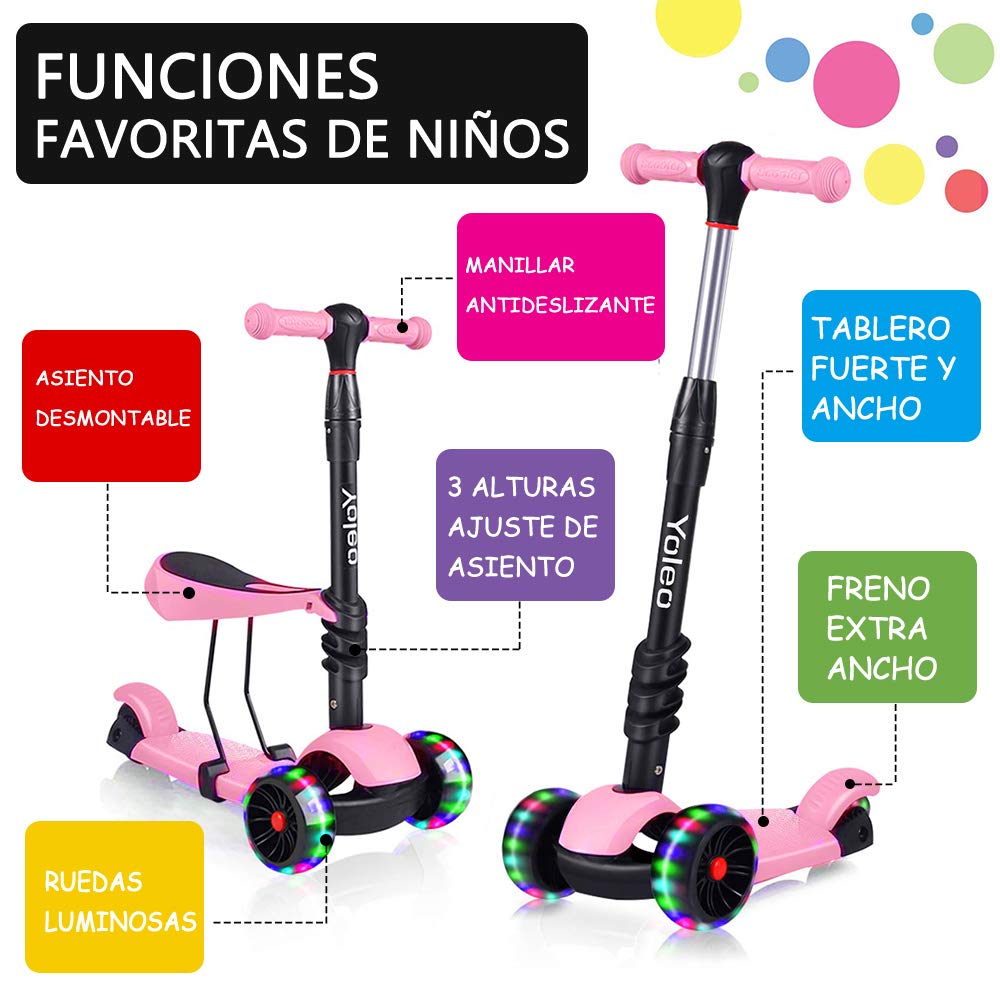 YOLEO Patinete para Niños 3-en-1, Scooter 3 Ruedas LED Parpadeantes, Scooter para Niños con Manillar Ajustable Asiento Extraíble de 2 a 8 años, Carga Máxima de 50 kg