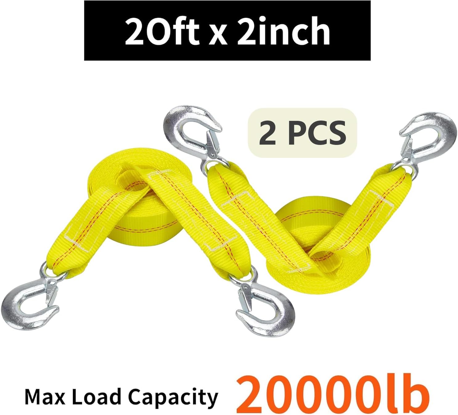 2 Pcs Tow Strap with Hooks 2 Inch x 20 Foot, 20,000 lbs Capacity Tow Rope - Heavy Duty Emergency Towing Straps for Vehicles, Cars, Trucks, ATV, for Roadside Recovery, not for Off-Road Recovery