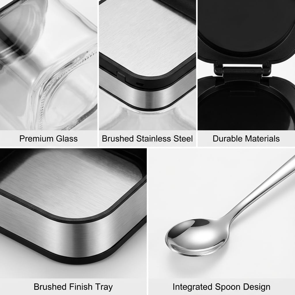 Condiment Jar Spice Container with 304 Stainless Steel Lids and Spoons,Clear Glass Condiment Canisters Pots Seasoning Box Salt Container Sugar Bowl Set of 3 for Kitchen, Counter, Food Storage