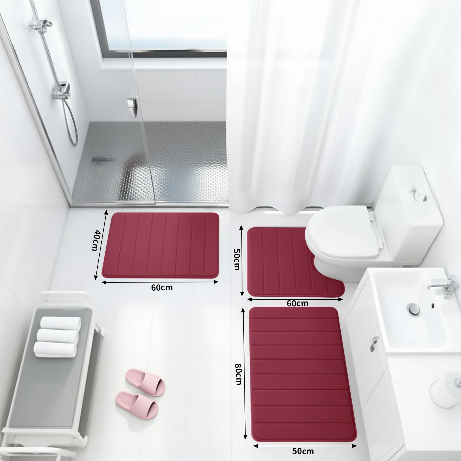 Set di 3 tappetini da bagno in memory foam, con retro antiscivolo in PVC, assorbe l'acqua, lavabile in lavatrice, tappeto da doccia per pavimento del bagno, rosso