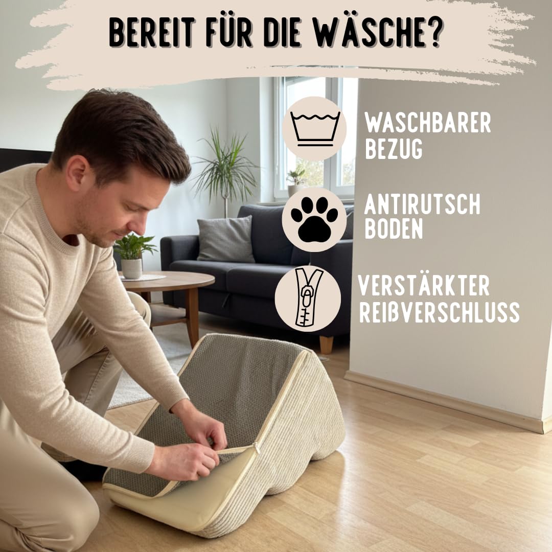 Hundetreppe Cord beige Hunderampe aus Schaumstoff - Katzentreppe - Tiertreppe - Haustiertreppe - Hundetreppe Bett - 3 Stufen Hunderampe