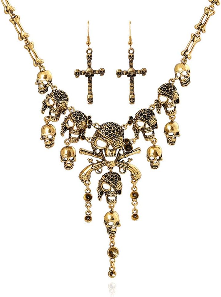 Jewelry Fashion Multi-Level Pirate Skull Tassel Charm Necklace Collar Bib for Women Horror Necklace Punk