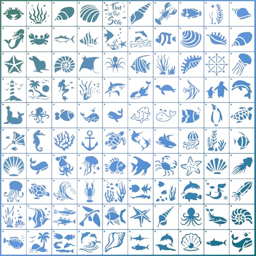 Image of 2 x 2 in Ocean Themed Stencils for Painting,100 Pcs Reusable Paint Stencil Small Drawing Templates for DIY Crafts Scrapbook Holiday Wall Paper