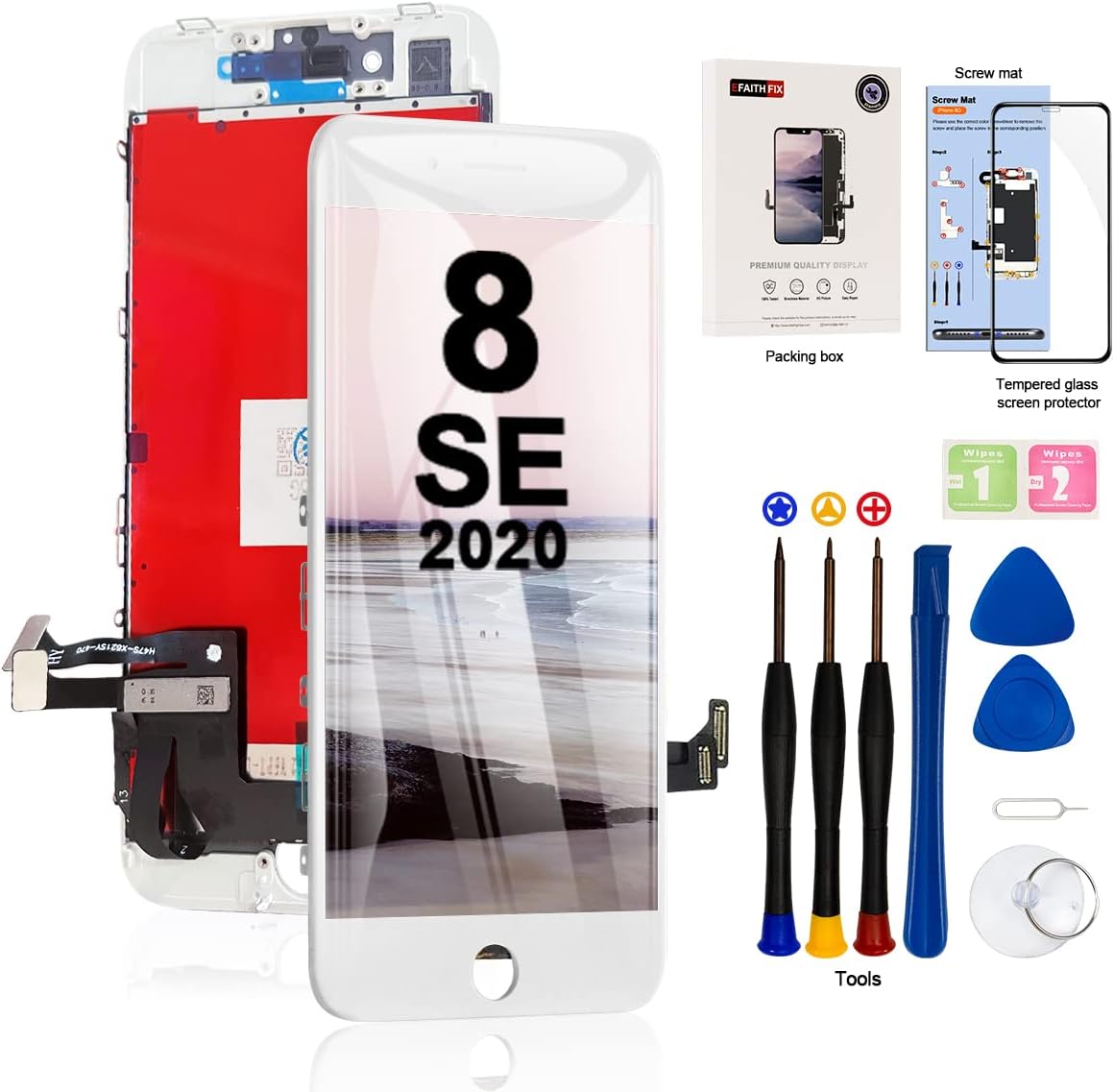 EFAITHFIX for iPhone 8/SE 2020 LCD Screen Replacement White 4.7 Inch Frame Assembly Display 3D Touch Screen Digitizer with Repair Tools Kit Tempered Glass Screen Protector for A1863, A1905, A1906