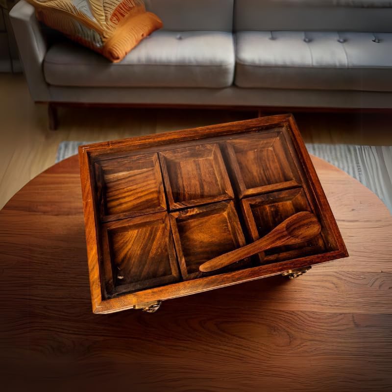 Acacia Wood Spice Box, Wooden Tea Box, 4 Compartments Kitchen Organiser Storage Box, Indian Spices Masala Box, Tea Storage, Spice Storage 6 Partition Jewelery Box