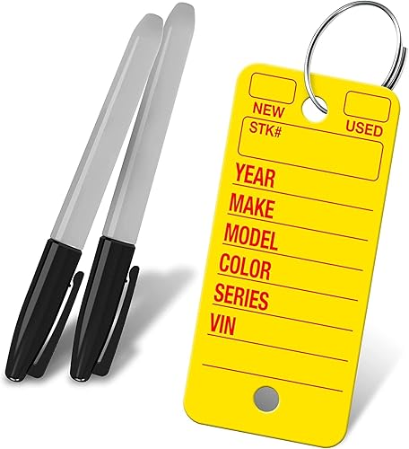 Miniatura 5 de Etiquetas de llave de etiqueta de polietileno con anillo (amarillo) - 250 etiquetas de llaves. Incluye 250 anillos y 2 bolígrafos de punta fina.