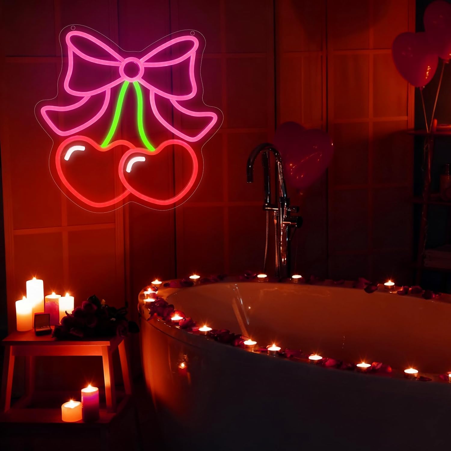 Huquary Valentines Galentines Day Decor Valentines Cherry Bow Neon Sign Window Light Heart LED Light USB Powered 11.8 x 11.8'' Adjustable Lighting for Cherry Birthday Party Room Bedroom Wall Decor