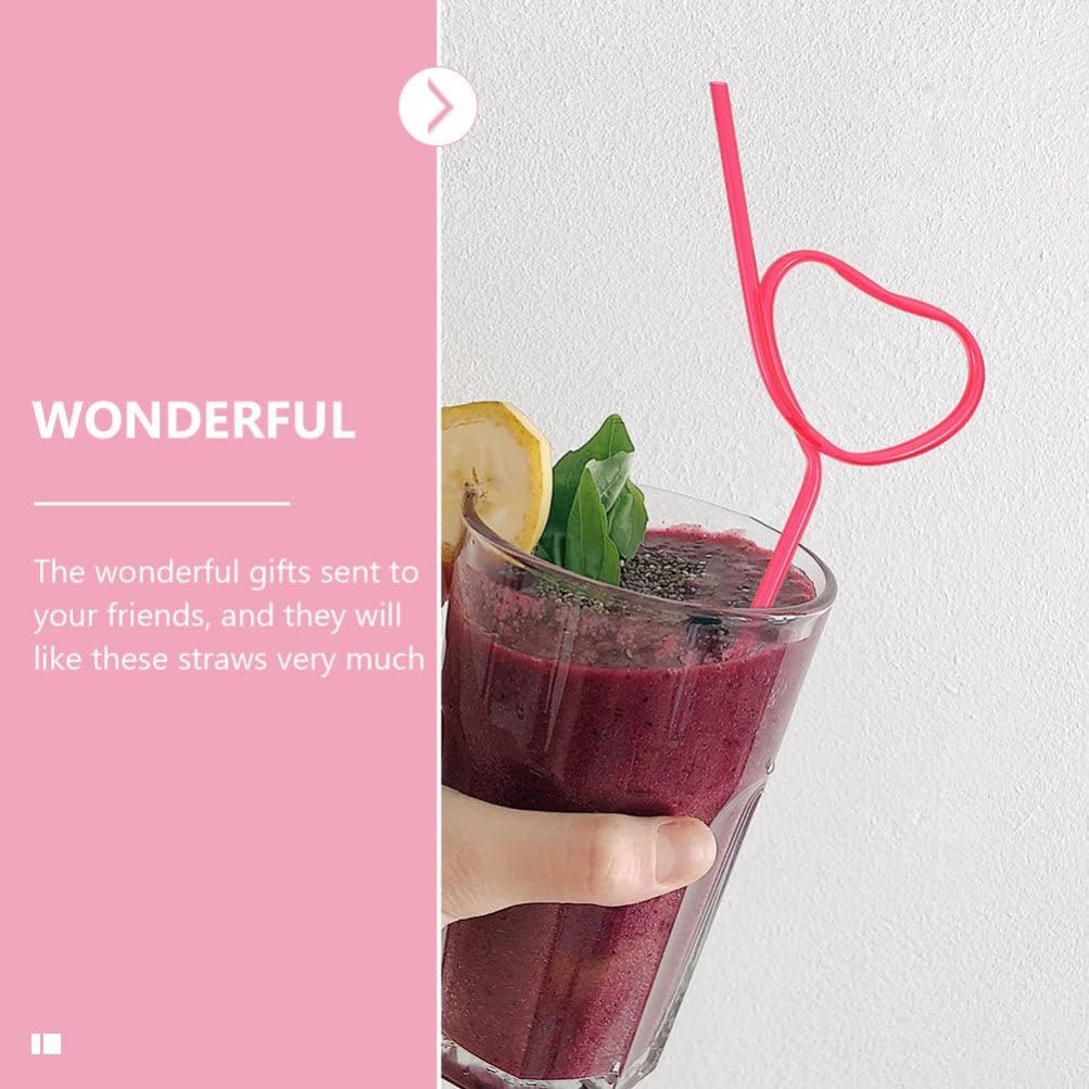 25Pcs Cocktail Plastic Straws Heart Shape Reusable Drinking Straws Long Flexible Straws for Shower Birthday Party Supplies Rosy