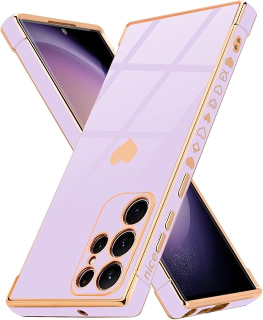 Urarssa for Samsung Galaxy S23 Ultra Case Cute Bling Plating Heart Design Cases Women Girls Shockproof Bumper Silicone Slim Protective Cover for Samsung Galaxy S23 Ultra 5G, Purple