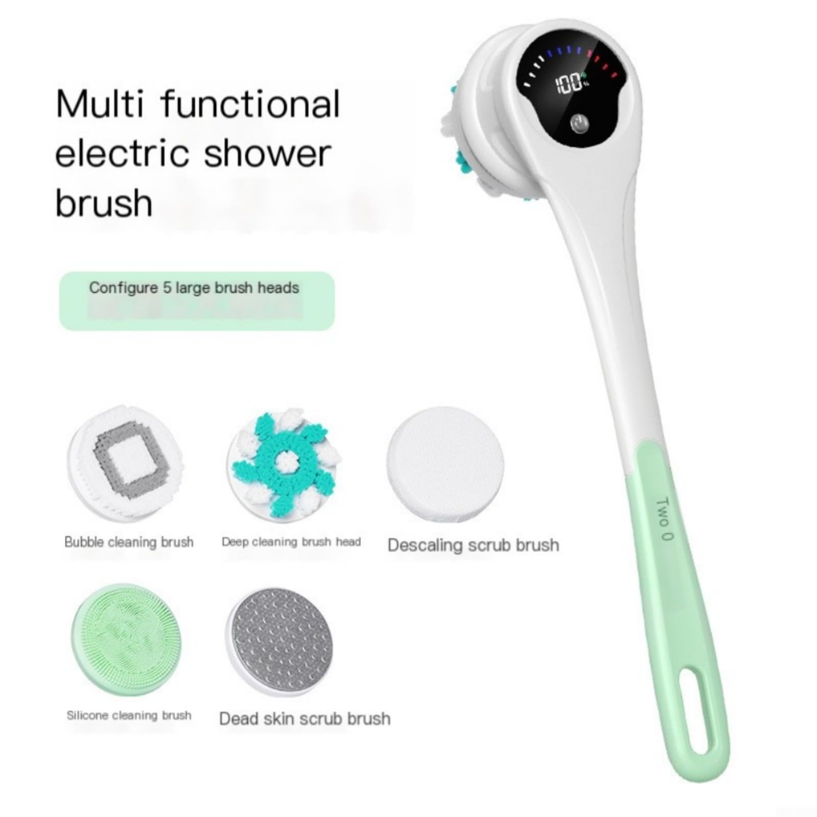 Cepillo de baño eléctrico automático, limpiador de mango largo con 5 cabezales, masajeador exfoliante 5 en uno para piernas y pies, herramienta portátil de limpieza de spa, rosa (verde)
