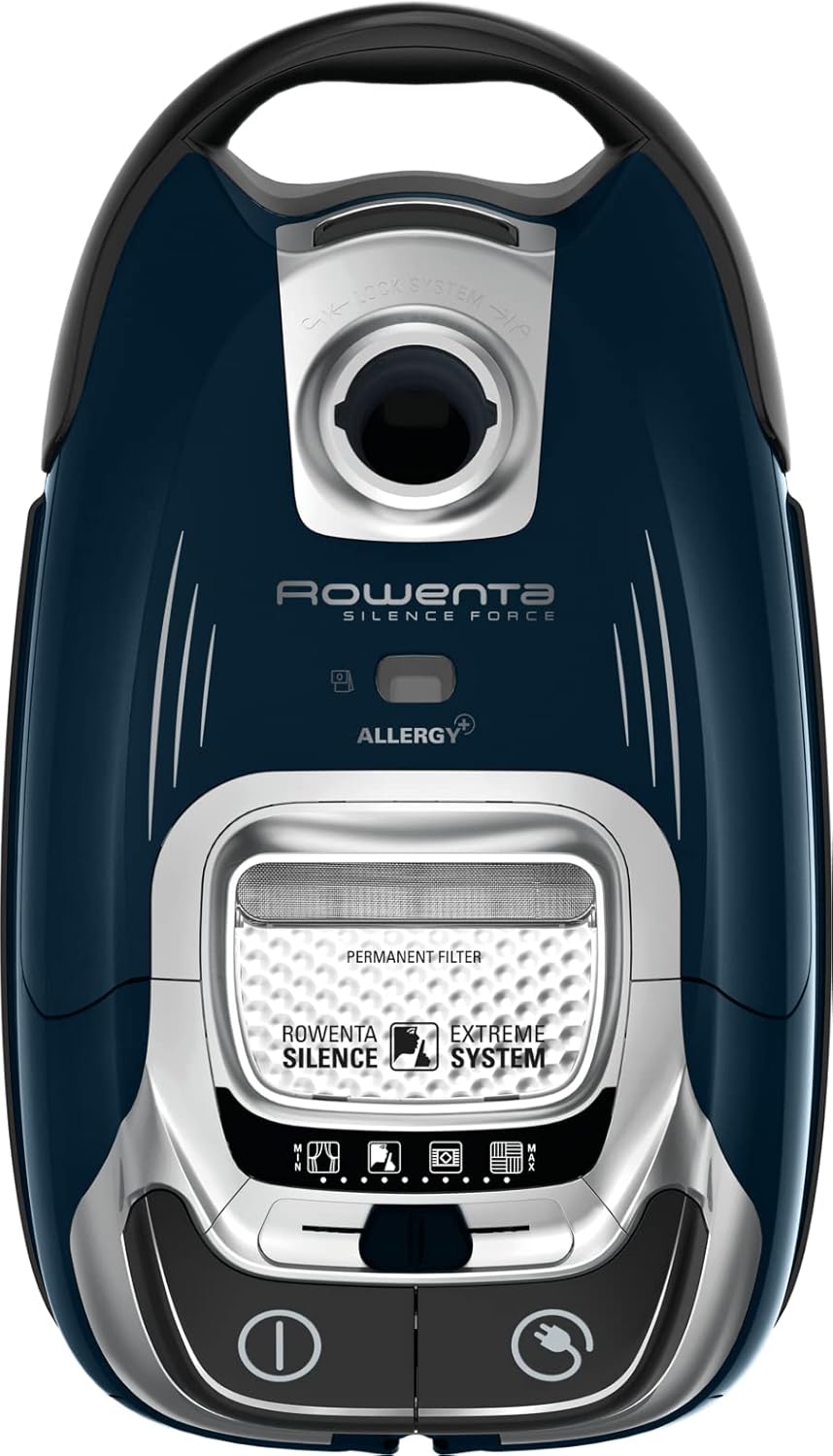 Top view of the Rowenta Silence Force Effitech vacuum cleaner showing control buttons for power and suction adjustment.