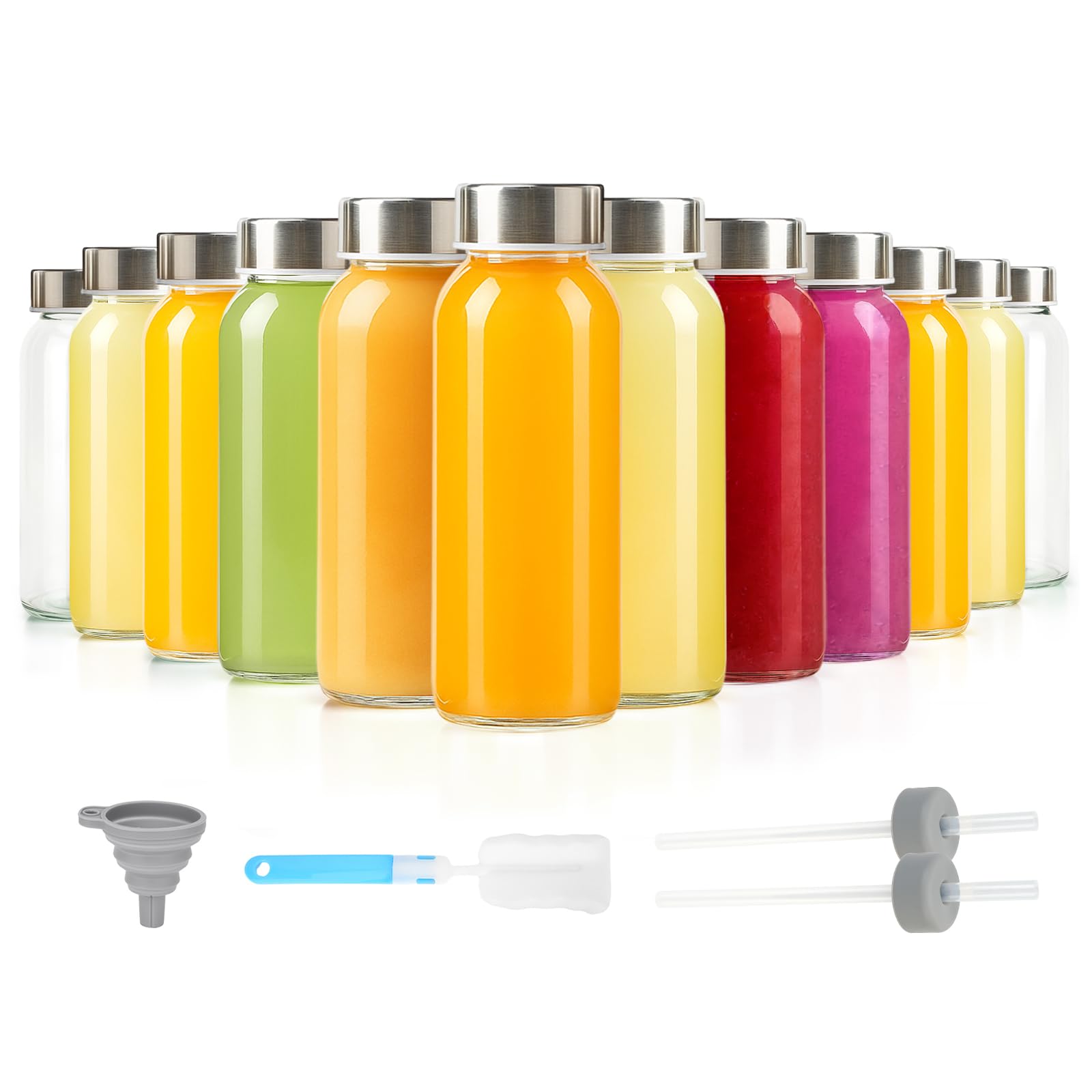Zukro 10 oz Small Glass Juice Bottles with Stainless Steel Lid, 12 Pack