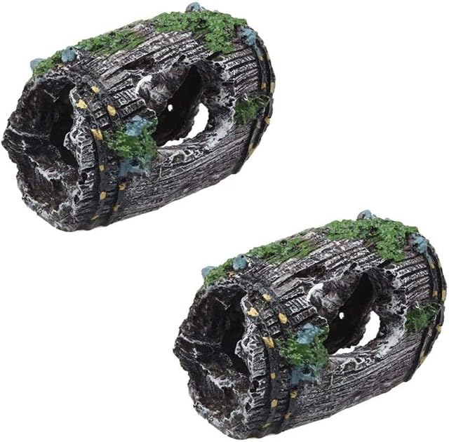 NA 2 Pieces Fish Tank Broken Barrel Cave Decor Aquarium Fish Tank Resin Broken Barrel Ornament Cave Landscaping Decoration for Fish Shrimp Hiding Aquarium
