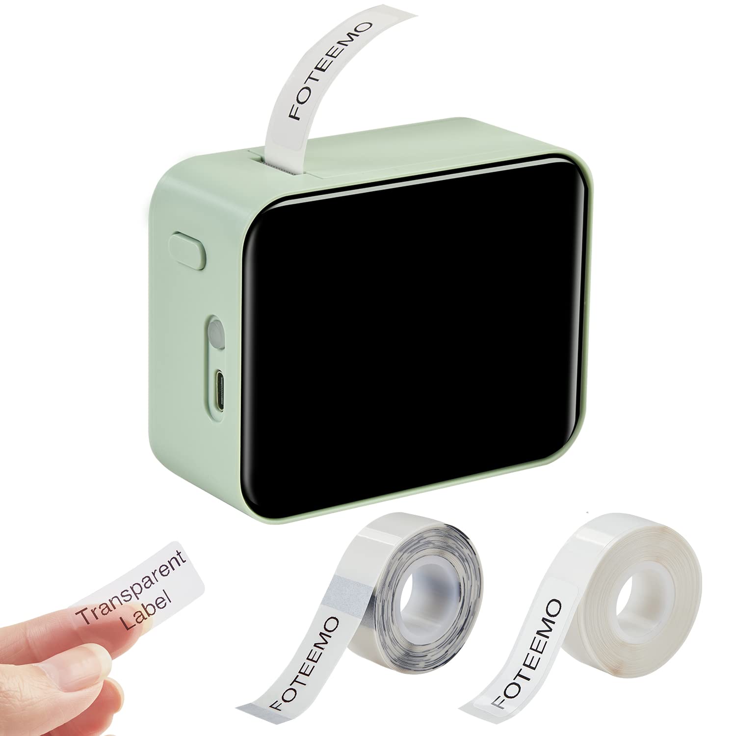 FOTEEMO Mini Label Printer with 2 Tape, Portable Wireless Connection Mini Label Maker Bluetooth Label Printer Inkless Rechargeable Label Sticker Printer for Office Home Organization (Mint Green)