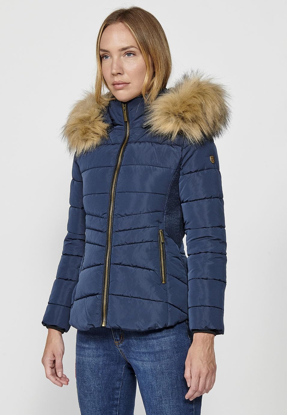 Koroshi NAVY - Giacca imbottita con cappuccio e colletto in pelliccia sintetica con chiusura frontale e cerniera, da donna