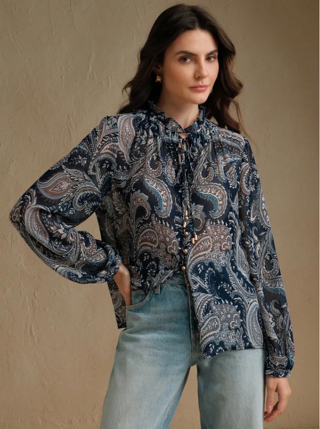 Image of Women Shirt ||Women Top || Cecily Paisley-Trim Button-Front Shirt (S-01-04)