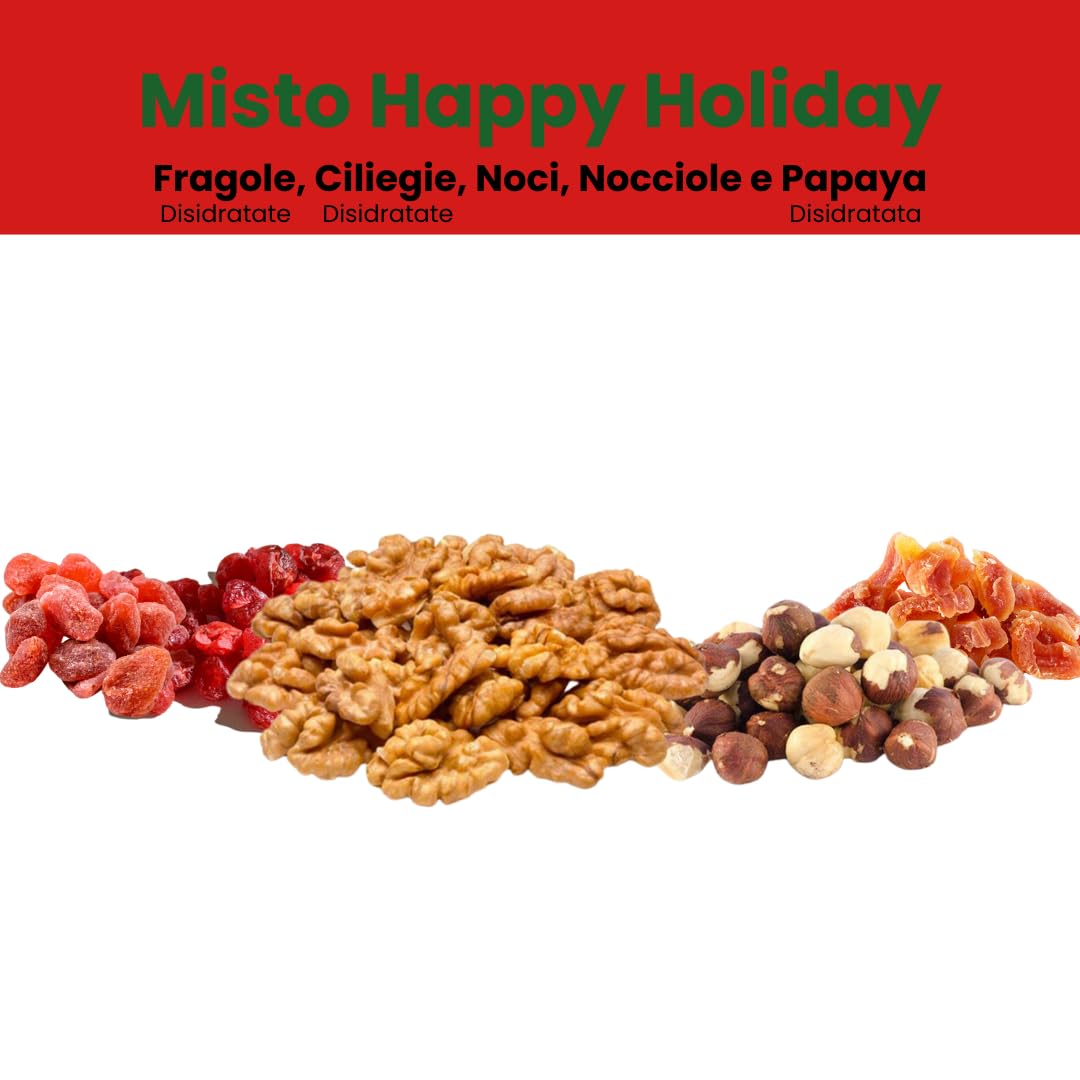 Alfano dal 1940 Misto Happy Holiday 350g Frutta Secca Nocciole, Noci, Ciliegie Disidratate, Fragole Disidratate e Papaya Disidratata (12 Pezzi)