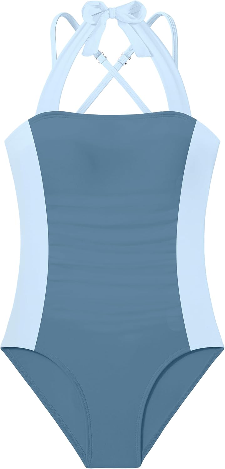 DONWEN Girls Swimsuit Color Block Halter Neck + Criss Cross Straps Ruched One Piece Bathing Suit for Girls 9-16Y