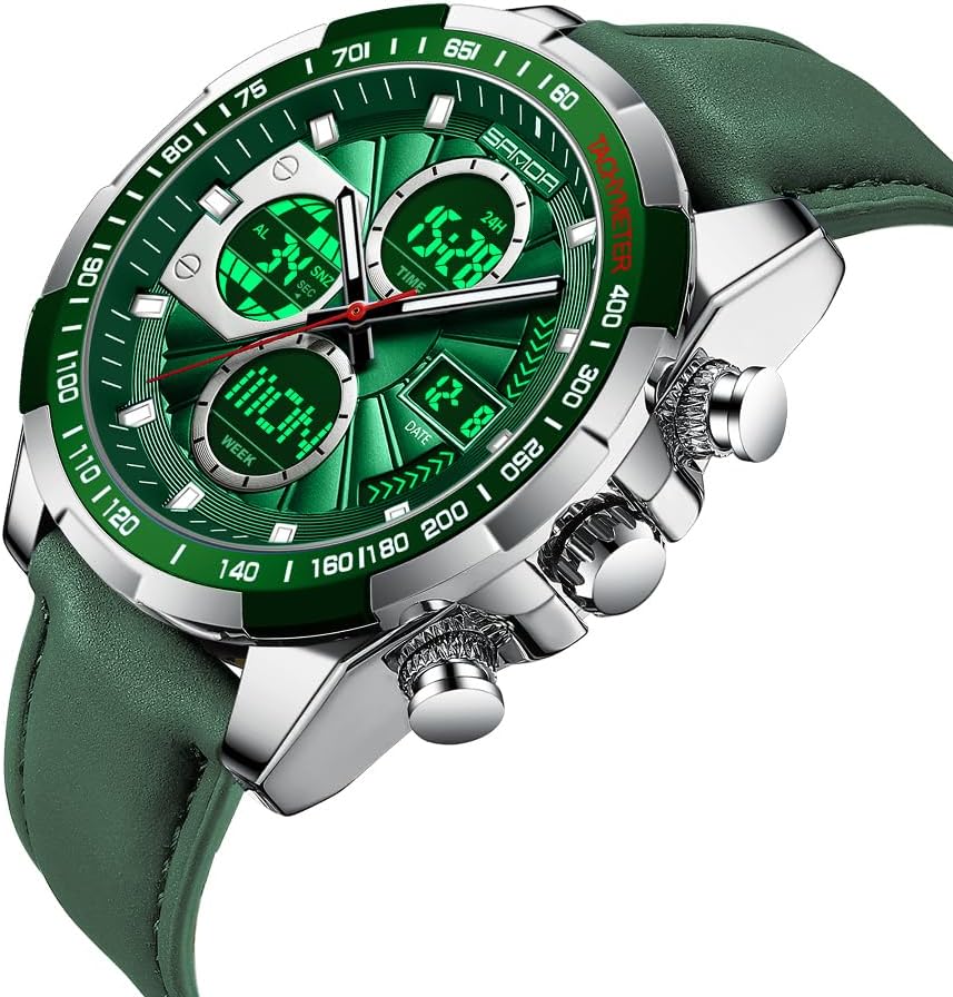 Luxury Stainless Steel Watches for Men Digital Analog Mens Watch with Countdown Alarm Three Time Zone Waterproof Classic Business Wristwatch