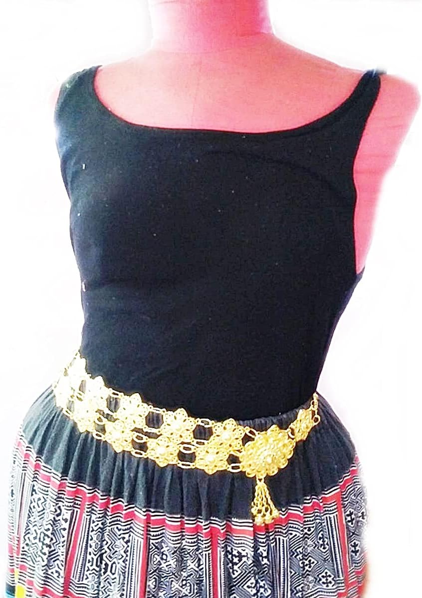 Belt Thai Gold Plate Star Flower Vintage Women Thailand Costume Chud Thai Royal Thai Dress Wedding Chain Dress Dance Ram Thai 40-41 Inches
